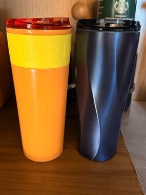 Starbucks Orange & Yellow Tumbler with Navy Metallic Tumbler